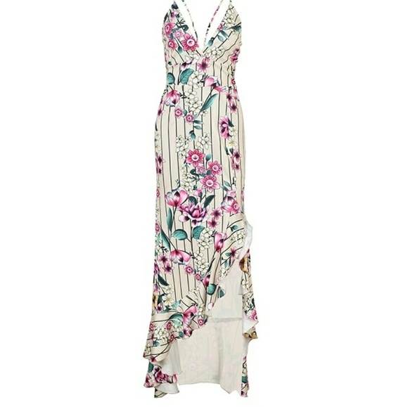 Floral Maxi Ruffles Front Slit Dress Gown - Picture 3 of 6
